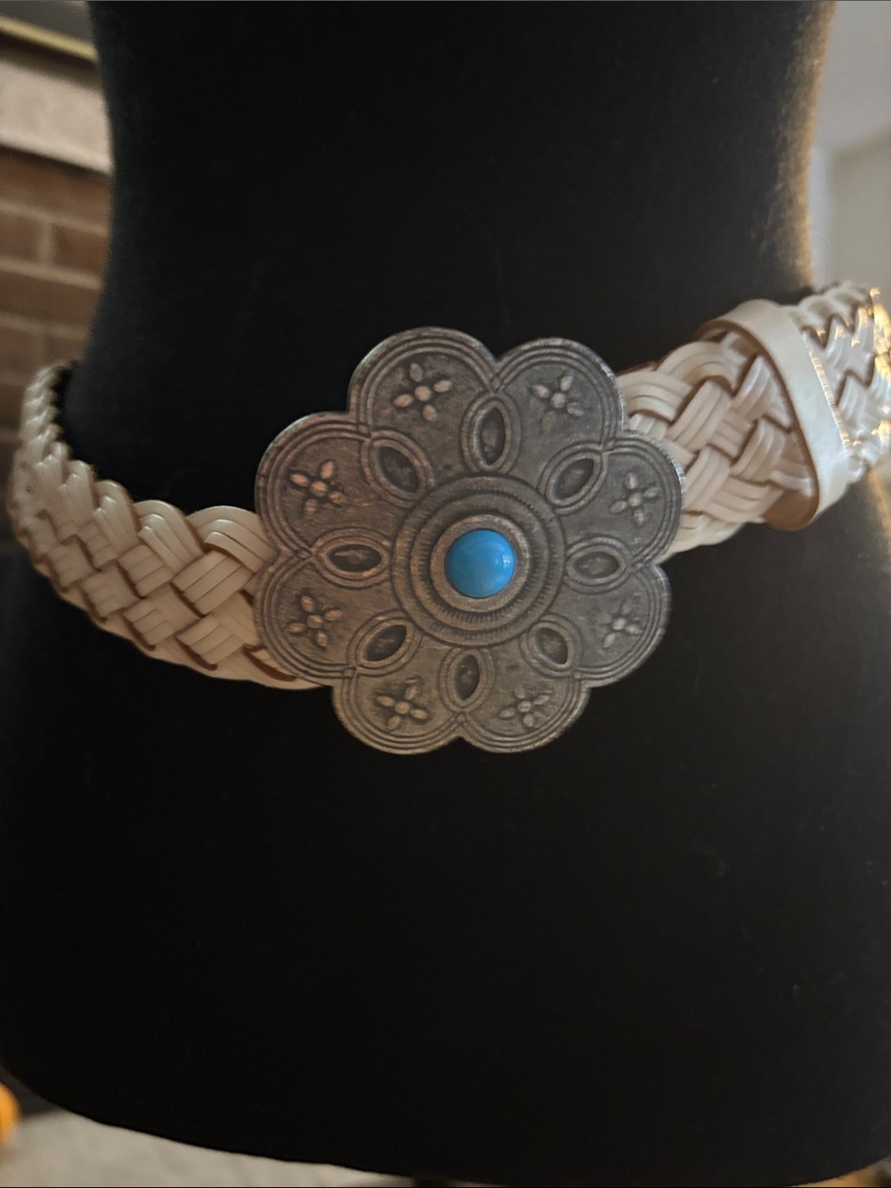 Cream Braided Belt with Silver Floral Conch and Turquoise Accent